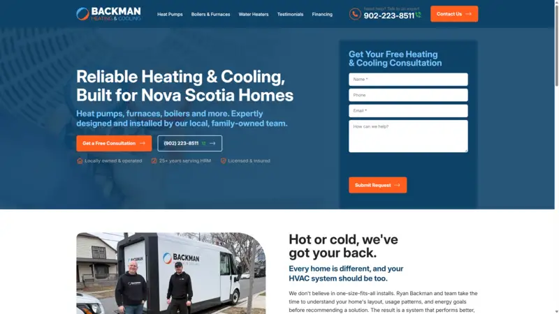 A screenshot of the Backman Heating homepage