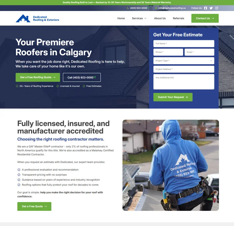 Roofing contractor homepage screenshot
