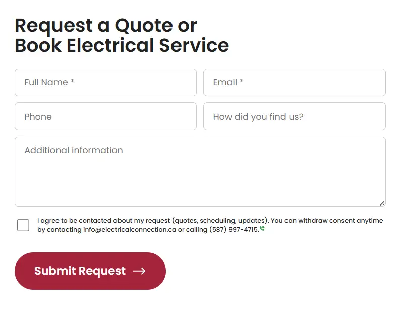 Screenshot of an electrician website contact form