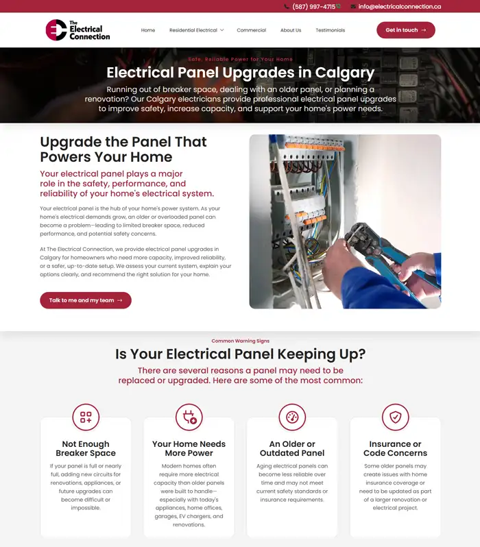 Screenshot of an electrician website service page