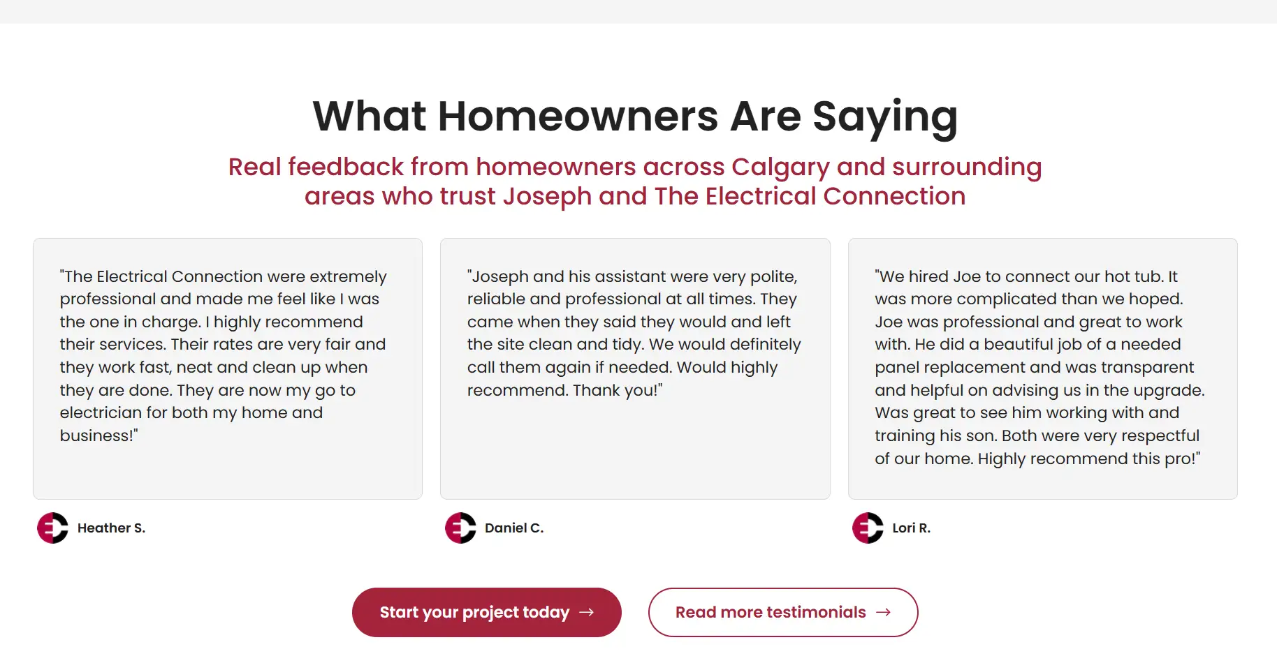 Screenshot of an electrician website testimonial section