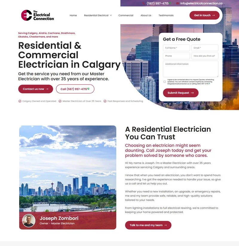 A contractor website homepage